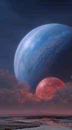 异星地貌上空的双行星和云层