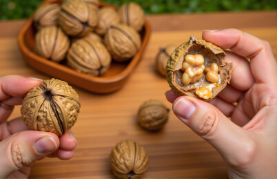 手中剥开的核桃特写