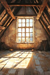 阳光下的旧阁楼木梁