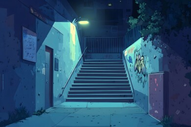 夜晚灯光下的地下通道入口