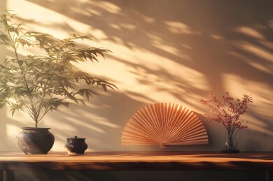 柔光下木桌上的竹扇