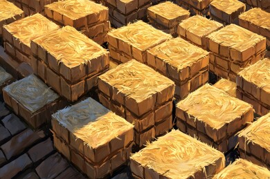 农舍屋顶上的金黄麦垛