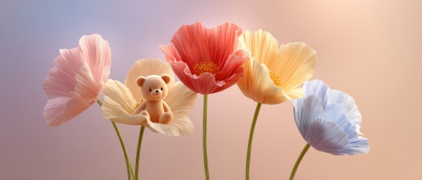 花丛中的小熊玩偶