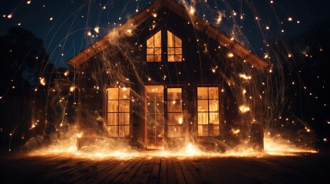 夜晚小屋被星火包围梦幻