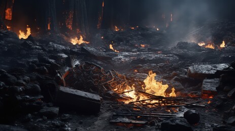 森林大火燃烧的废墟景象