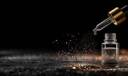 黑背景中滴管瓶配金色水滴亮片画面