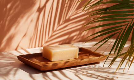 浅棕肥皂置木盘旁有棕榈叶投影