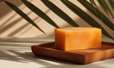 橙色肥皂放木盘旁有棕榈叶与花瓶