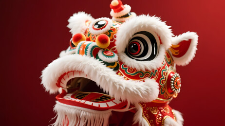 鲜艳舞狮红白色调