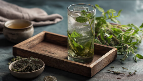 杯中冰饮配香草置木盘于深棕背景