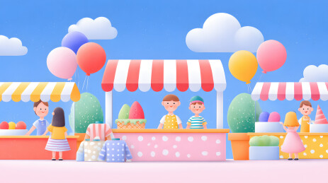 夏日甜品摊位前的快乐儿童