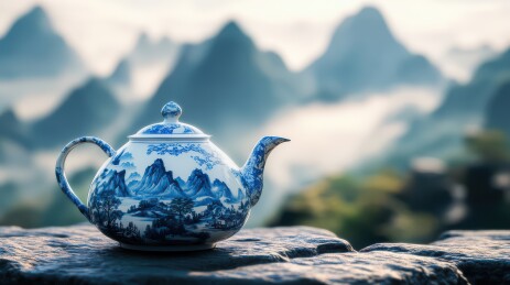 青花瓷壶映衬壮丽山川景色