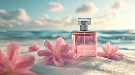 香水瓶与樱花沙滩的浪漫邂逅