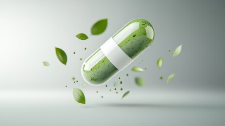 绿色胶囊与飘散叶子的自然主题