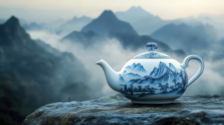 青花瓷茶壶映衬山间云雾景色