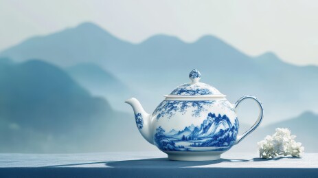 青花瓷茶壶与山水画的静谧意境