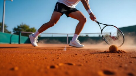 网球运动员红土场击球瞬间