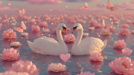 唯美天鹅相依湖畔粉色花海浪漫温馨