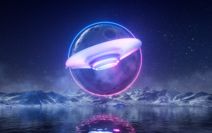 超现实太空星球与UFO三维渲染