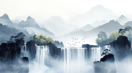 水墨山瀑布风景画