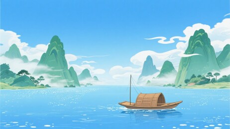 江上小船与山水风景插画