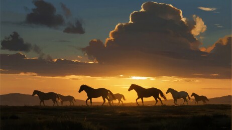 夕阳下群马奔腾的美丽景象