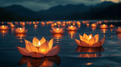 夜晚河边水中漂浮发光莲花灯，中元节主题
