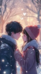 冬日雪景中的情侣