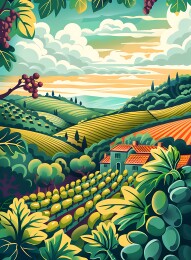 葡萄园与农舍的美丽田园风景插画
