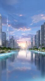 城市日落水影的现代建筑景观