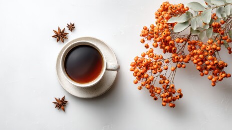 一杯热茶与橙色浆果的静谧时光