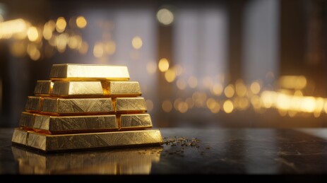 灯光下叠放着的金条