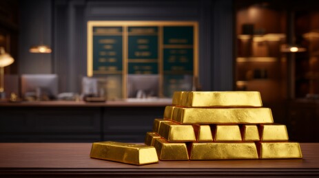 灯光下叠放着的金条