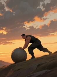 男子推球夕阳户外场景