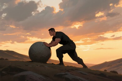 男子推球夕阳户外场景