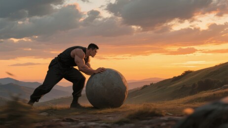 男子推球夕阳户外场景