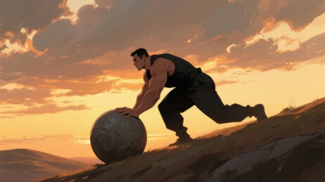男子推球夕阳户外场景