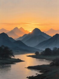 层叠山峦的落日余晖