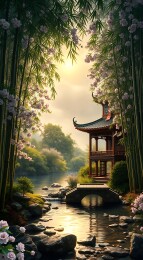 竹影斑驳间的楼阁