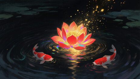 古风红色锦鲤红色荷花梦幻水粉插画