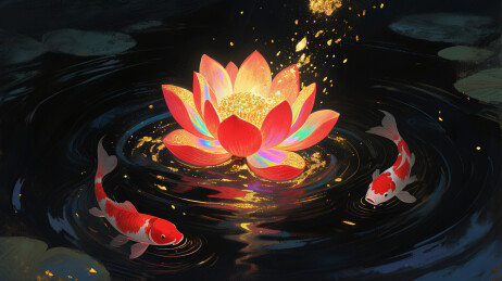 古风红色锦鲤红色荷花梦幻水粉插画