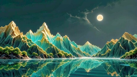 彩色山峦湖景装饰画面