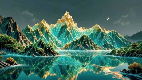 彩色山峦湖景装饰画面