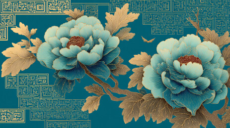 青底浅米牡丹国风背景