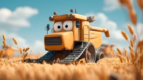 卡通收割机在麦田中作业