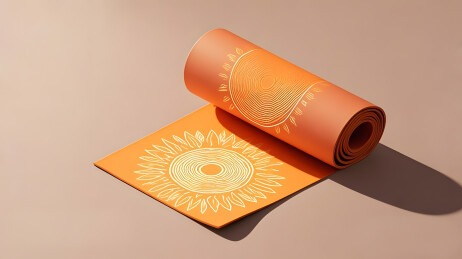 橙色瑜伽垫卷起的静物画面