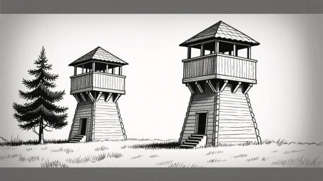 两座木质瞭望塔与一棵松树