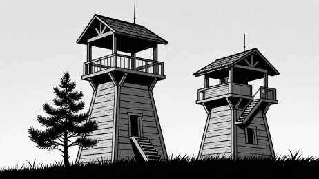 黑白风格的两座瞭望塔与松树