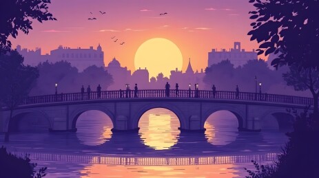 落日余晖中的桥梁剪影