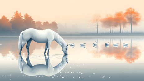 湖边白马饮水天鹅游弋